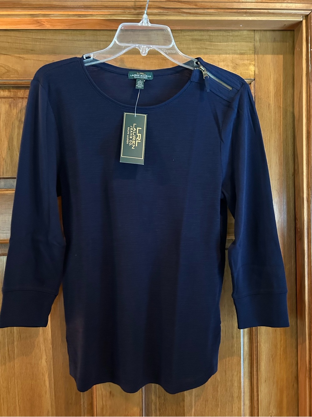 Lauren Jeans Company Navy Three-Quarter Sleeve Top with Shoulder Zip